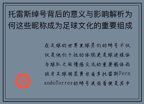 托雷斯绰号背后的意义与影响解析为何这些昵称成为足球文化的重要组成部分 托雷斯绰号背后的意义与影响解析为何这些昵称成为足球文化的重要组成部分